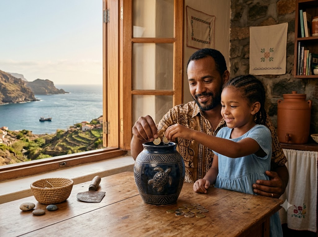 Pai e filha a poupar, com vista de mar